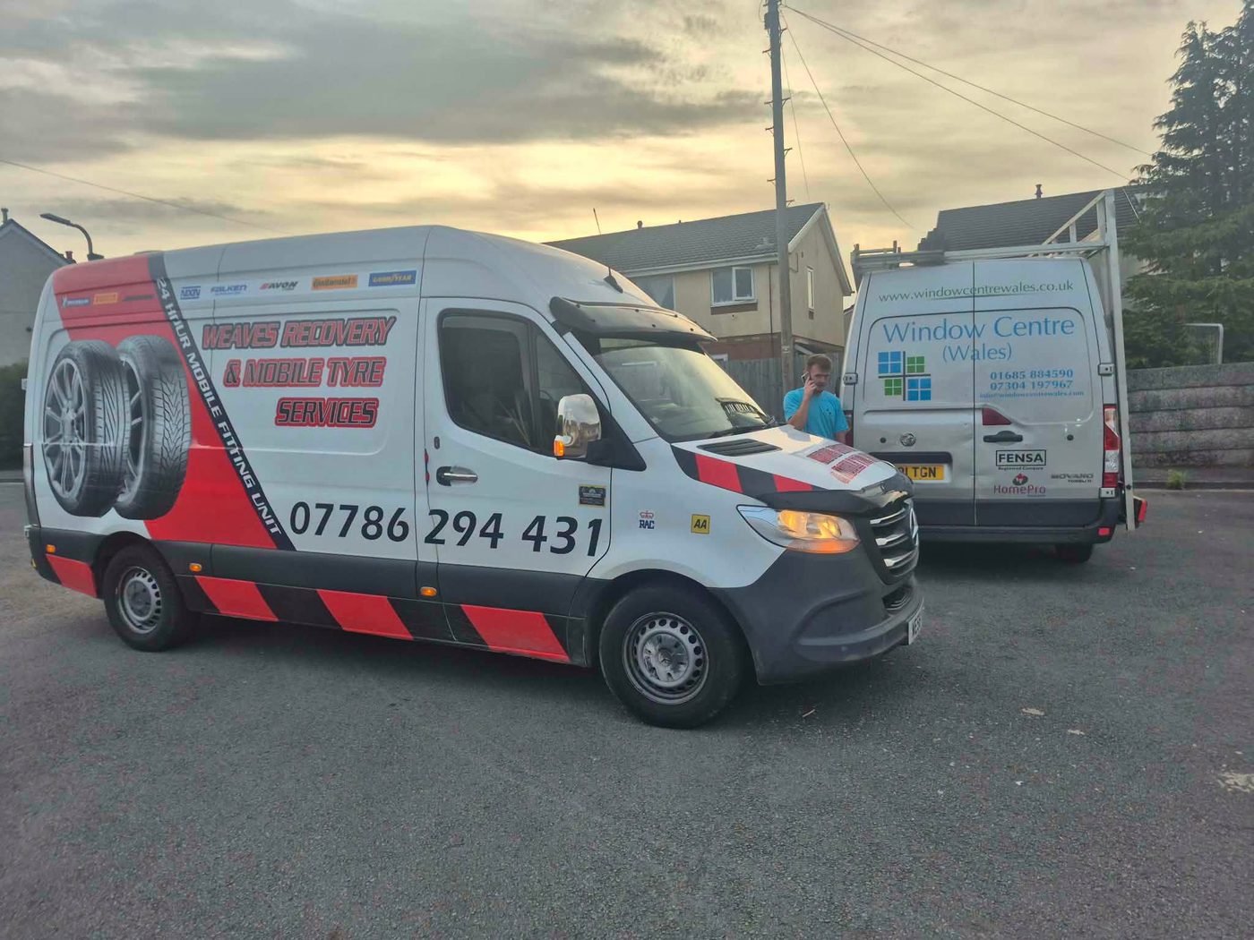 Weaves mobile tyre fitting van attending a puncture call-out on a residential street